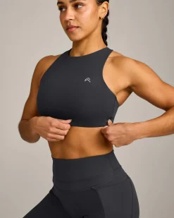 EasyLift™ High Neck Sports Bra with Grey Logo