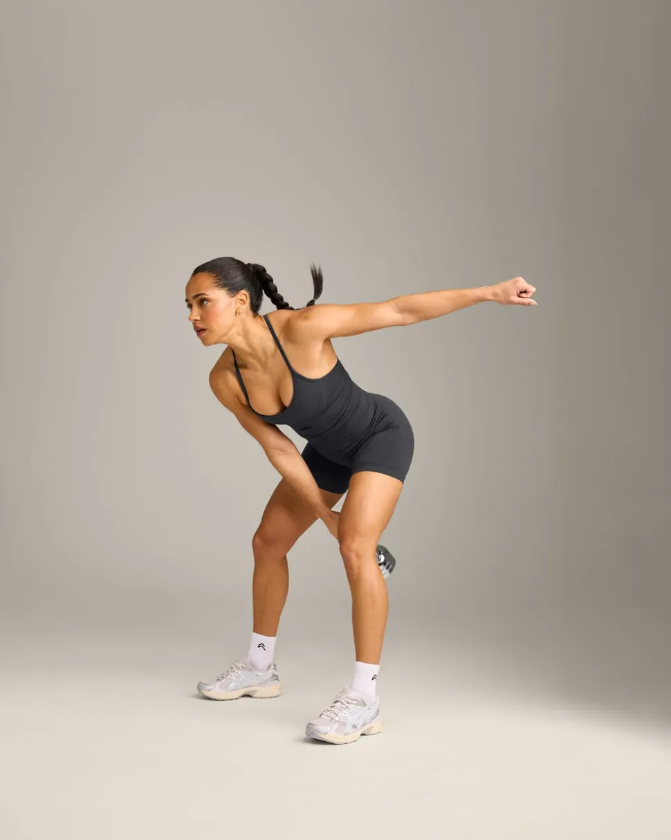 EnhanceLift™ Seamless Strappy Racer Vest with Built in Bra Shelf with Grey Logo