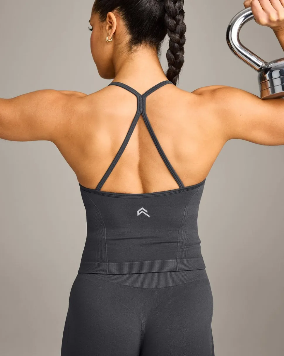 EnhanceLift™ Seamless Strappy Racer Vest with Built in Bra Shelf with Grey Logo
