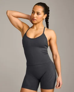 EnhanceLift™ Seamless Strappy Racer Vest with Built in Bra Shelf with Grey Logo