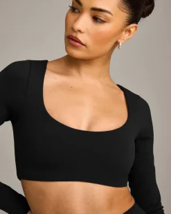 SoftMotion™ Scoop Neck Long Sleeve Crop Top with Built in Bra Shelf with Grey Logo