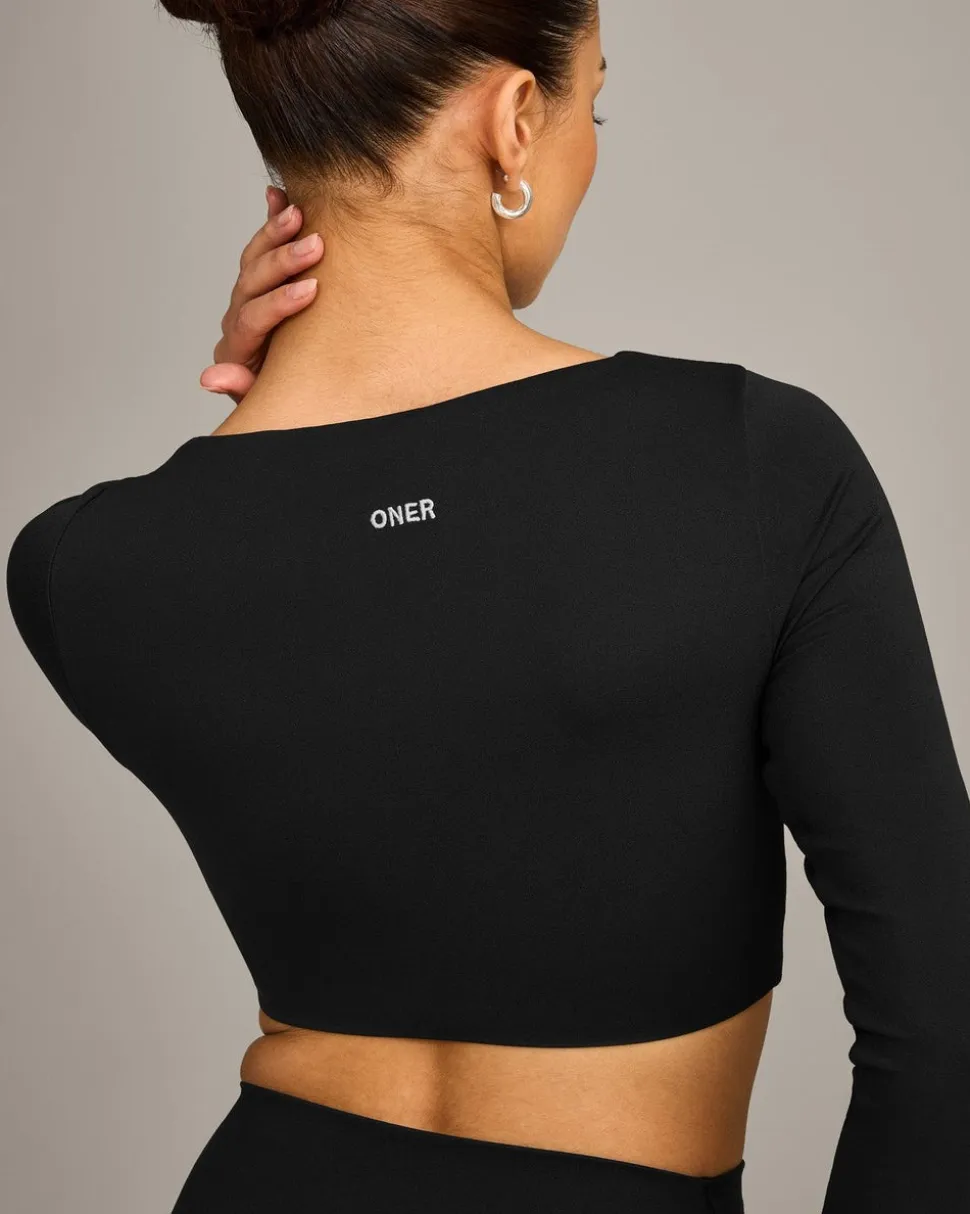 SoftMotion™ Scoop Neck Long Sleeve Crop Top with Built in Bra Shelf with Grey Logo