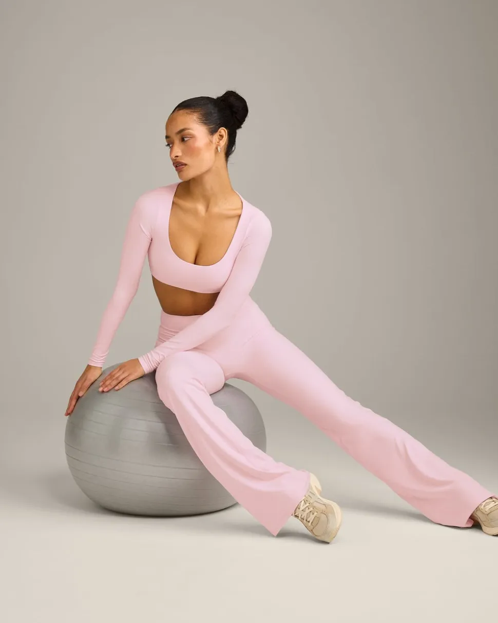 SoftMotion™ Scoop Neck Long Sleeve Crop Top with Built in Bra Shelf with Grey Logo