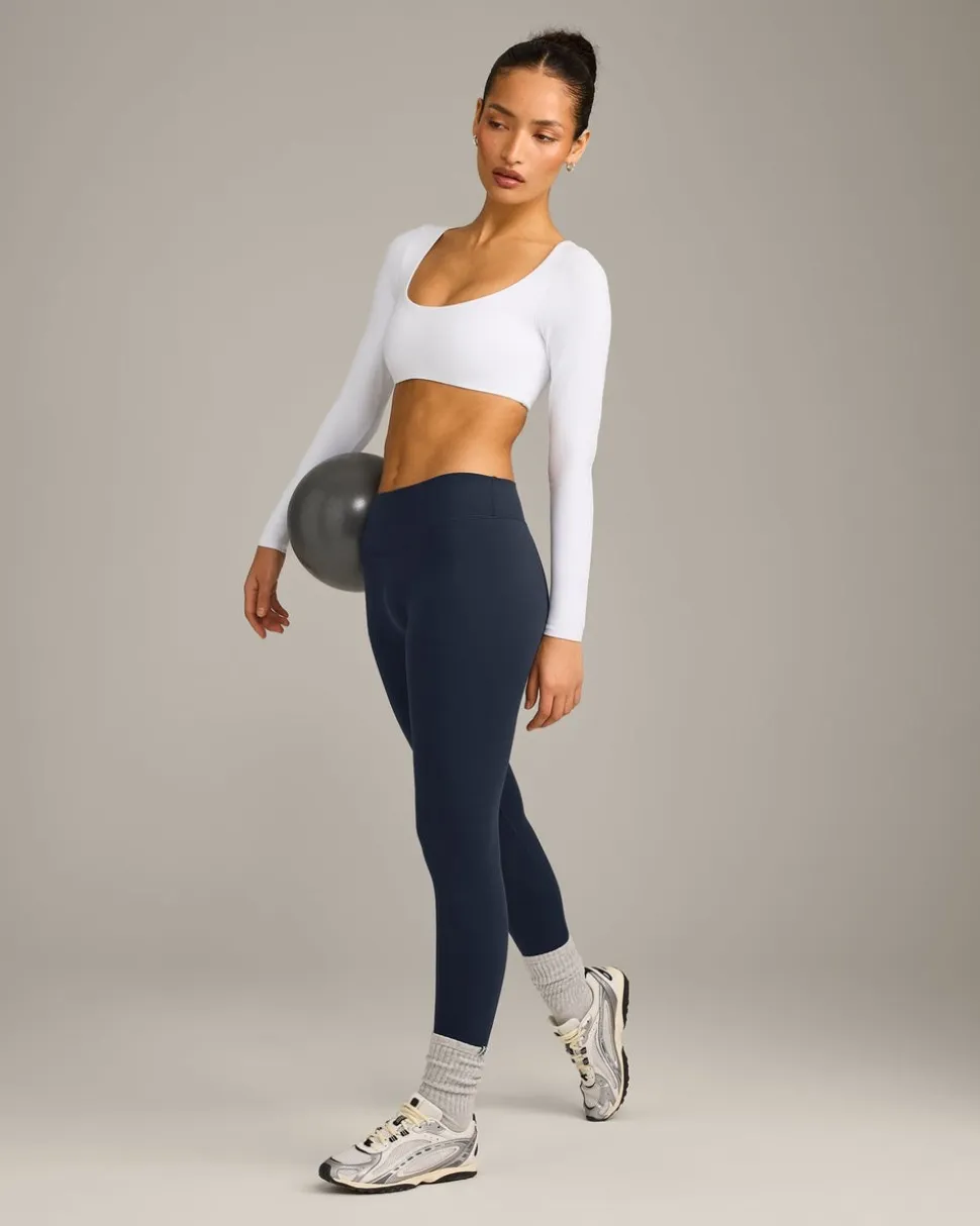 SoftMotion™ Scoop Neck Long Sleeve Crop Top with Built in Bra Shelf with Grey Logo