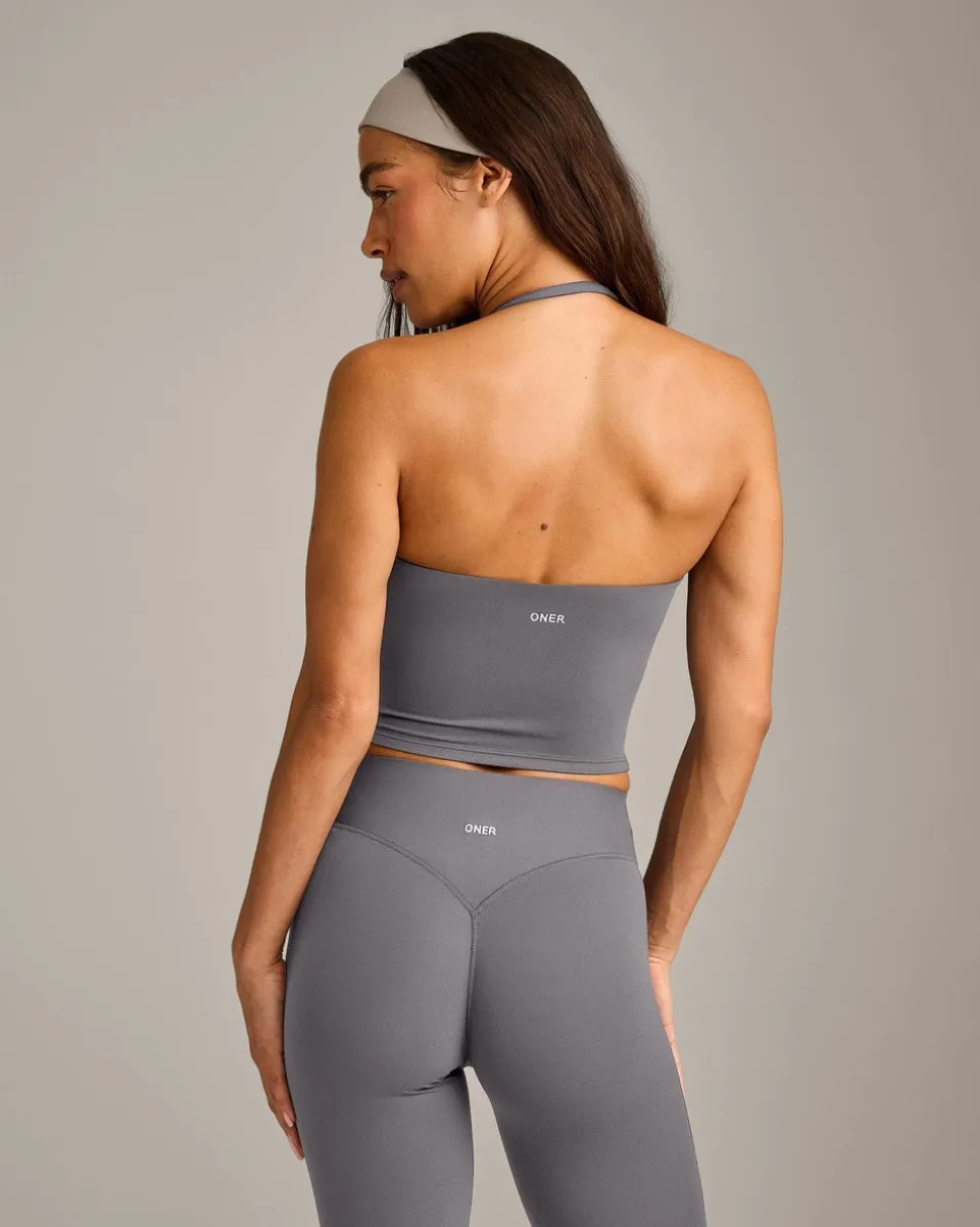 SoftMotion™ Strappy Halter Neck Mid Vest with Built in Bra Shelf with Grey Logo